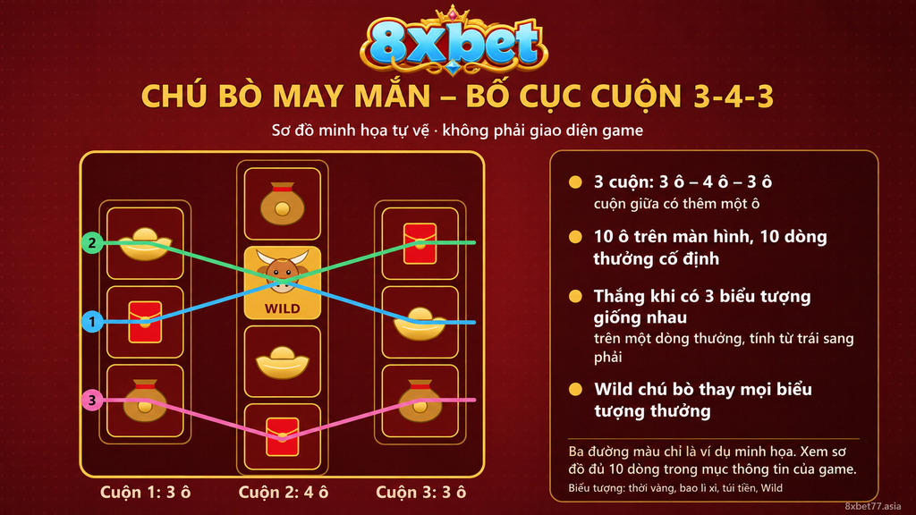 Sơ đồ bố cục cuộn 3-4-3 của chú bò may mắn: cuộn giữa bốn ô, Wild chú bò và ba đường thưởng minh họa