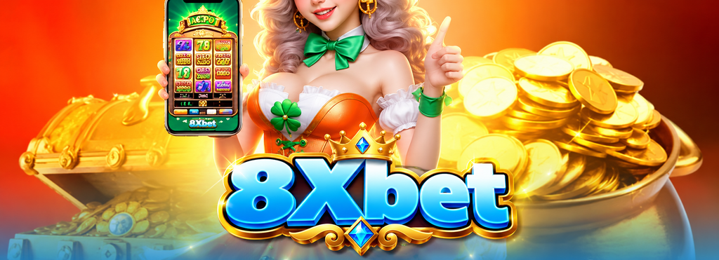 Cô gái trang phục Ireland với nơ cỏ bốn lá cầm điện thoại chơi slot, hũ vàng phía sau, minh họa kho báu của yêu tinh