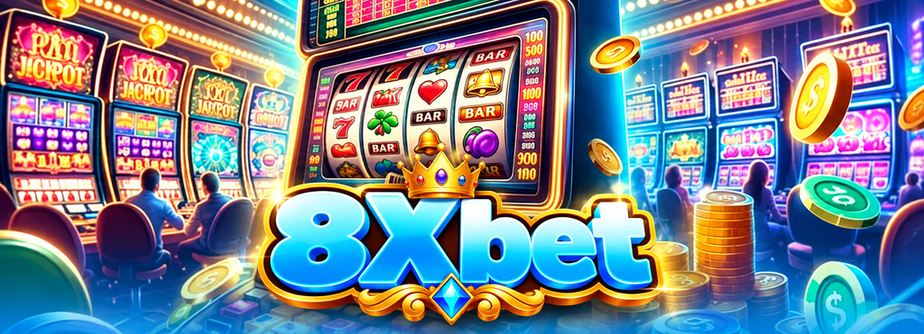 Máy slot lớn với cuộn hình trái cây và trái tim, đồng xu vàng bay ra, phía sau là người chơi tại các máy khác