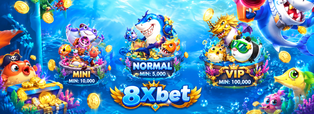 Màn hình chọn phòng NORMAL MIN 5.000 và VIP MIN 100.000 với cá mập, cá nóc và gấu trúc đeo kính