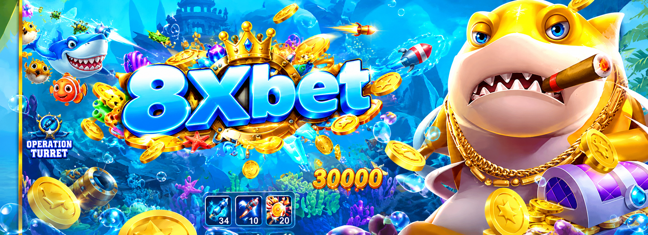 Ảnh game bắn cá minh họa vua đánh cá với dòng chữ BIG x7 WIN, xu vàng bay và linh vật cá mập vàng ngậm xì gà