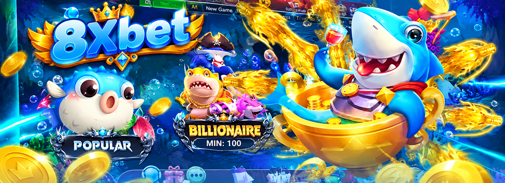 Sảnh game bắn cá với ô POPULAR có cá nóc xanh, ô BILLIONAIRE có cá mập cướp biển và nút BUY màu xanh