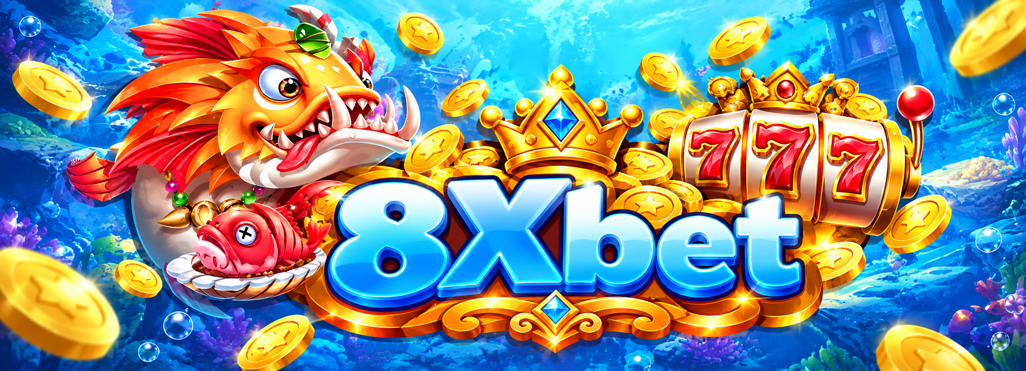 Menu game bắn cá với các ô SLOTS, TEMPLE ENERGY, COMPETITION và linh vật cá piranha cam cầm đĩa cá