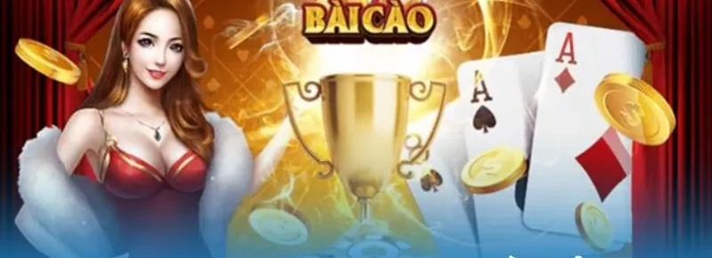 Minh họa bài cào online với logo BÀI CÀO, các lá J, Q, K cơ, hai lá át, cúp vàng và người phụ nữ mặc váy đỏ