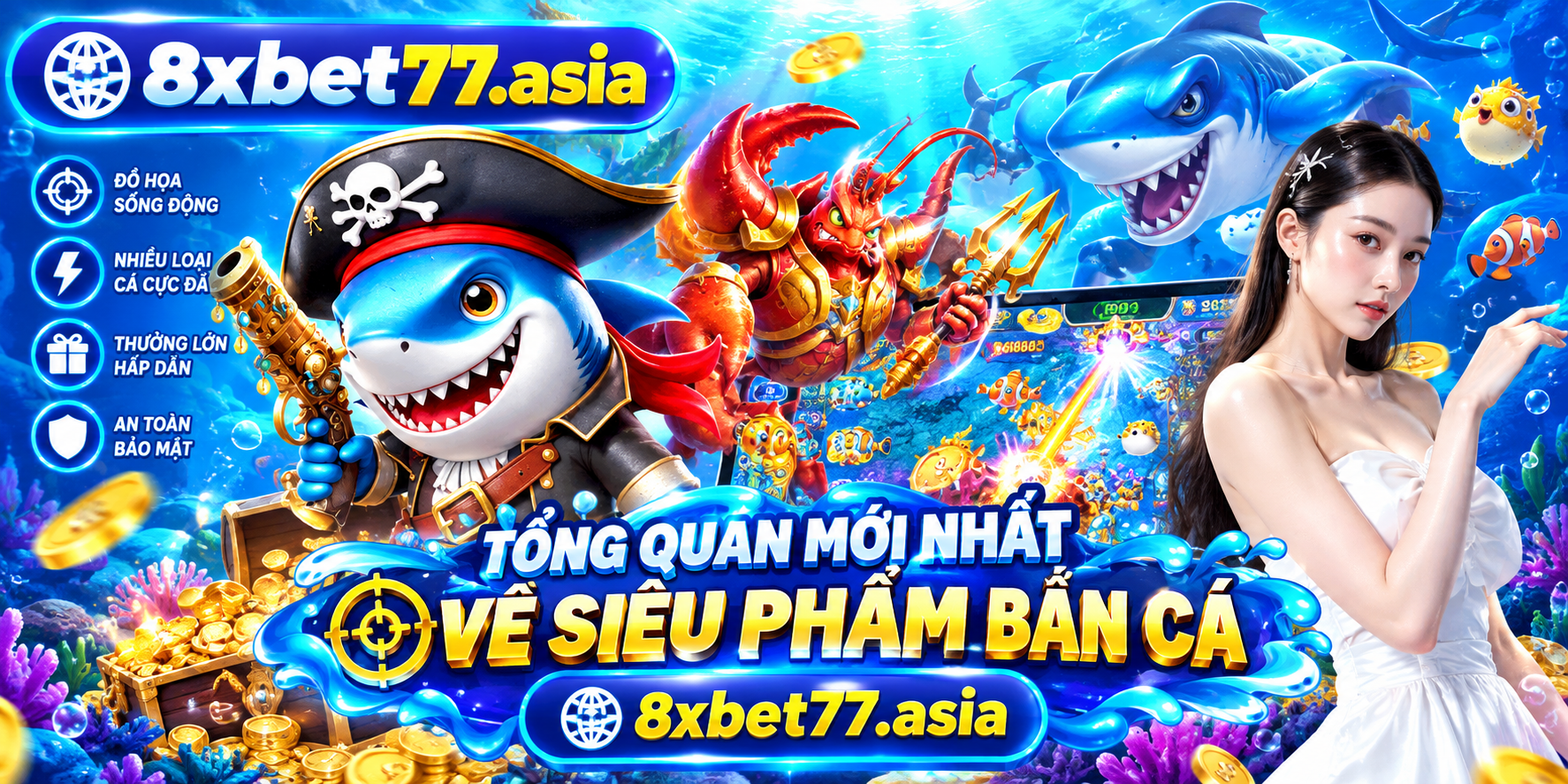 Sảnh bắn cá 8xbet với bạch tuộc cướp biển, tôm hùm chiến binh và cá mập trong lòng đại dương hoạt hình