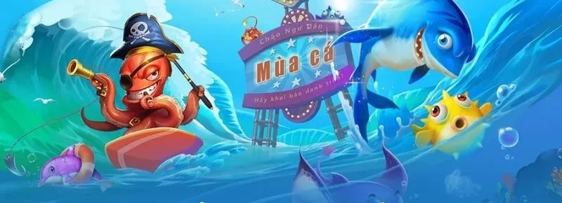 Hình minh họa sảnh bắn cá 8XBET với bạch tuộc cướp biển lướt sóng, cá mập và cá nóc