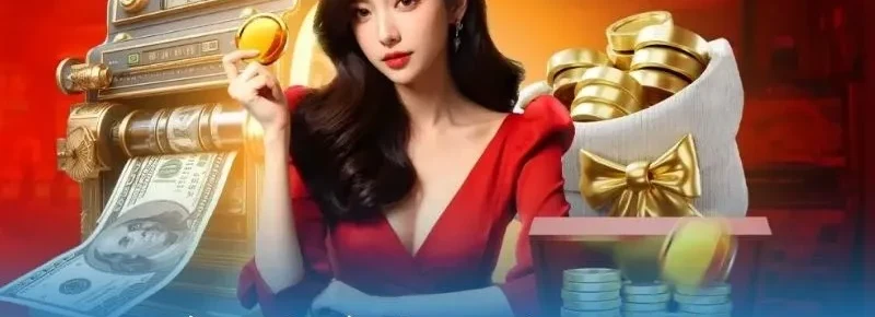 Người phụ nữ váy đỏ cầm đồng xu vàng cạnh máy slot và bao tải tiền vàng, minh họa thời hạn ưu đãi hoàn tiền