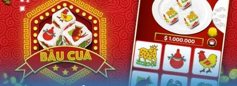 Logo BẦU CUA bên cạnh màn hình game bầu cua online trên điện thoại với đĩa ba xúc xắc, số dư 1.000.000 và ô nai, bầu, gà