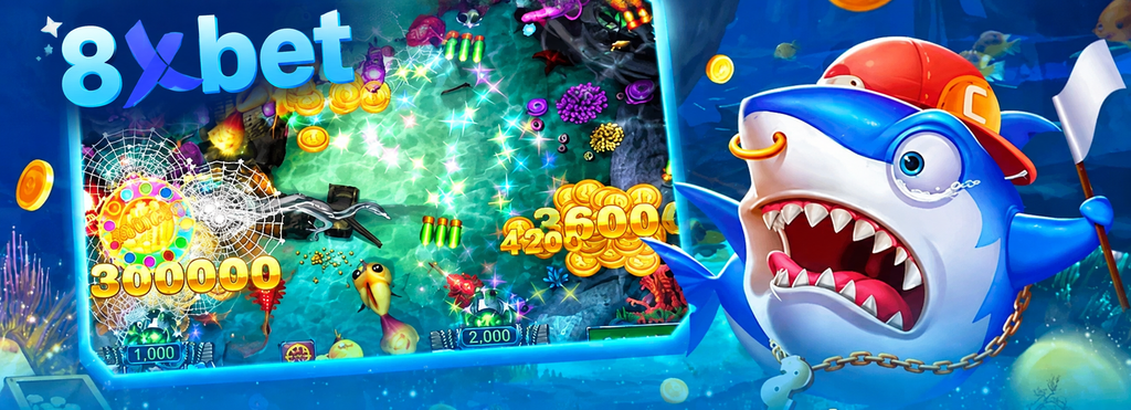 Ảnh game bắn cá minh họa chúa tể đại dương: hiệu ứng lưới, số xu thưởng lớn và linh vật cá mập xanh đội mũ đỏ