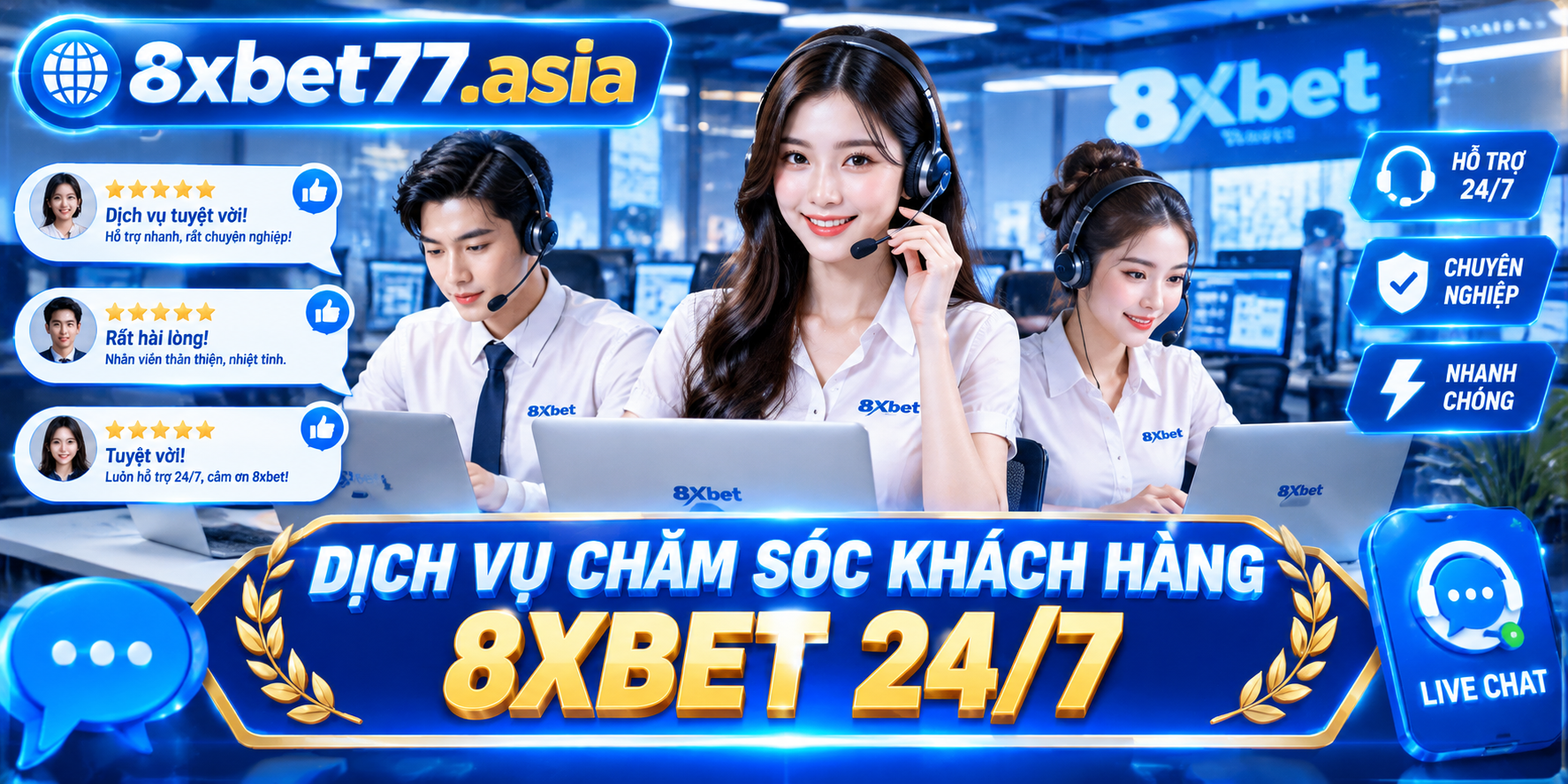 CSKH 8xbet minh họa bằng ba nhân viên đeo tai nghe làm việc trước laptop cùng các biểu tượng đánh giá của khách hàng