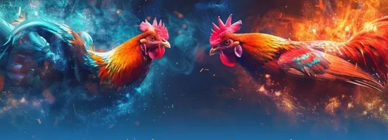 Tranh minh họa hai chú gà trống lông sặc sỡ đối mặt nhau giữa lửa xanh và lửa đỏ, không phải ảnh đá gà đòn thật