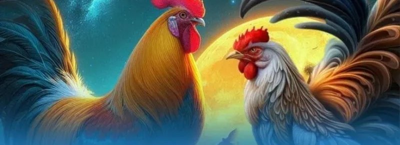 Tranh minh họa gà trống lông vàng cam và gà trống lông trắng xám đối mặt dưới trăng tròn và bầu trời sao
