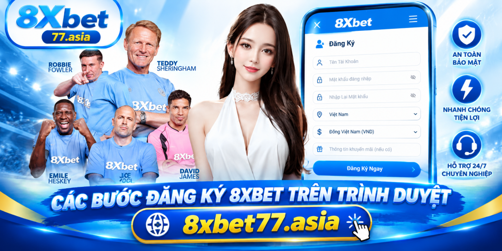 Minh họa đăng ký 8xbet với người đàn ông mặc vest bước ra từ màn hình laptop hiển thị biểu mẫu hồ sơ