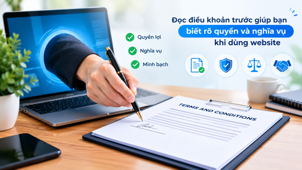 Bàn tay vươn ra từ màn hình máy tính cầm bút ký tài liệu cạnh các dấu tích xanh, minh họa điều khoản và điều kiện