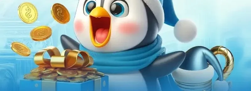 Chú chim cánh cụt đội mũ Noel xanh bên hộp quà và đồng xu vàng, minh họa phần giới thiệu 8XBET và chính sách