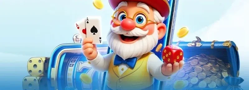 Ông lão hoạt hình đội mũ đỏ cầm hai lá át và viên xúc xắc đỏ, minh họa nguyên tắc nhận khuyến mãi 8XBET