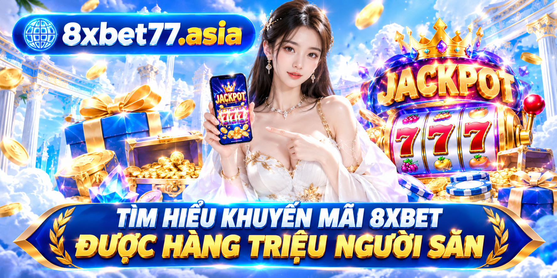 Khuyến mãi 8xbet minh họa bằng nhân vật thần Hy Lạp hoạt hình cầm điện thoại hiện chữ JACKPOT, hộp quà và máy slot