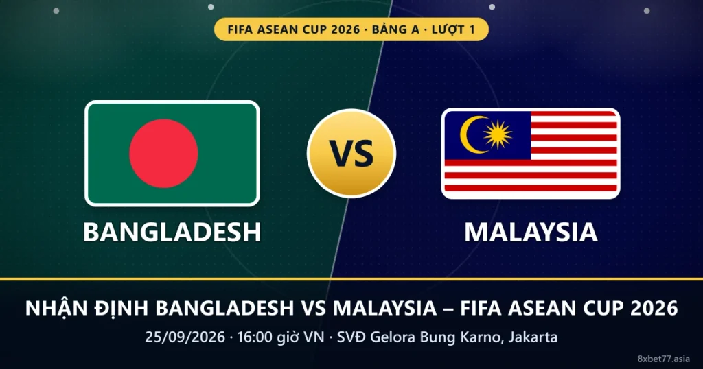 Banner nhận định Bangladesh vs Malaysia: cờ hai đội, chữ VS, 16:00 ngày 25/09/2026 tại SVĐ Gelora Bung Karno