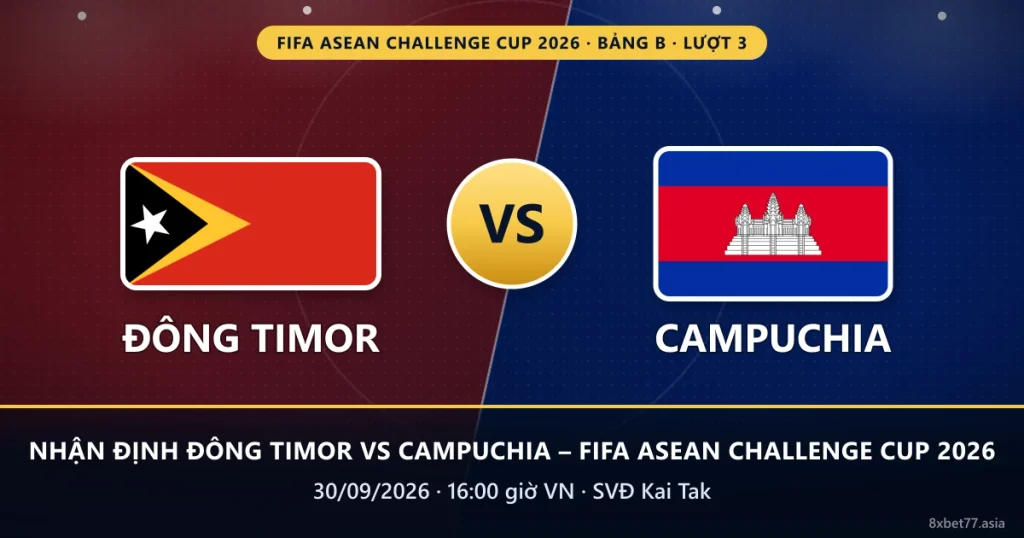 Banner nhận định Đông Timor vs Campuchia: cờ hai đội, chữ VS, 16:00 ngày 30/09/2026 tại SVĐ Kai Tak