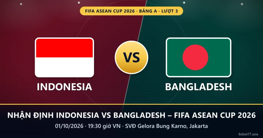 Banner nhận định Indonesia vs Bangladesh: cờ hai đội, chữ VS, 19:30 ngày 01/10/2026 tại SVĐ Gelora Bung Karno