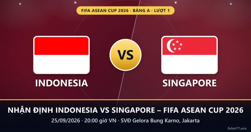 Banner nhận định Indonesia vs Singapore: cờ hai đội, chữ VS, 20:00 ngày 25/09/2026 tại SVĐ Gelora Bung Karno