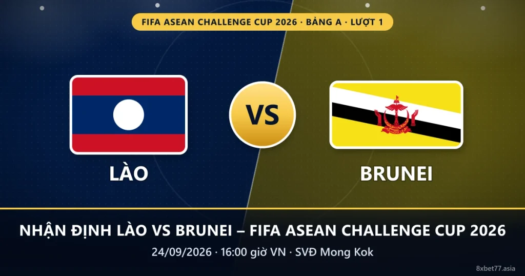 Banner nhận định Lào vs Brunei: cờ Lào, cờ Brunei, chữ VS, 16:00 ngày 24/09/2026 tại SVĐ Mong Kok