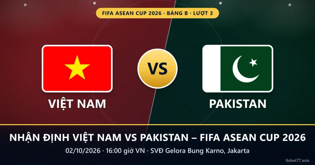 Banner nhận định Việt Nam vs Pakistan: cờ hai đội, chữ VS, 16:00 ngày 02/10/2026 tại SVĐ Gelora Bung Karno