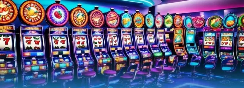 Hình minh họa dãy máy nổ hũ 8XBET với cuộn 777 và đèn neon tím xanh