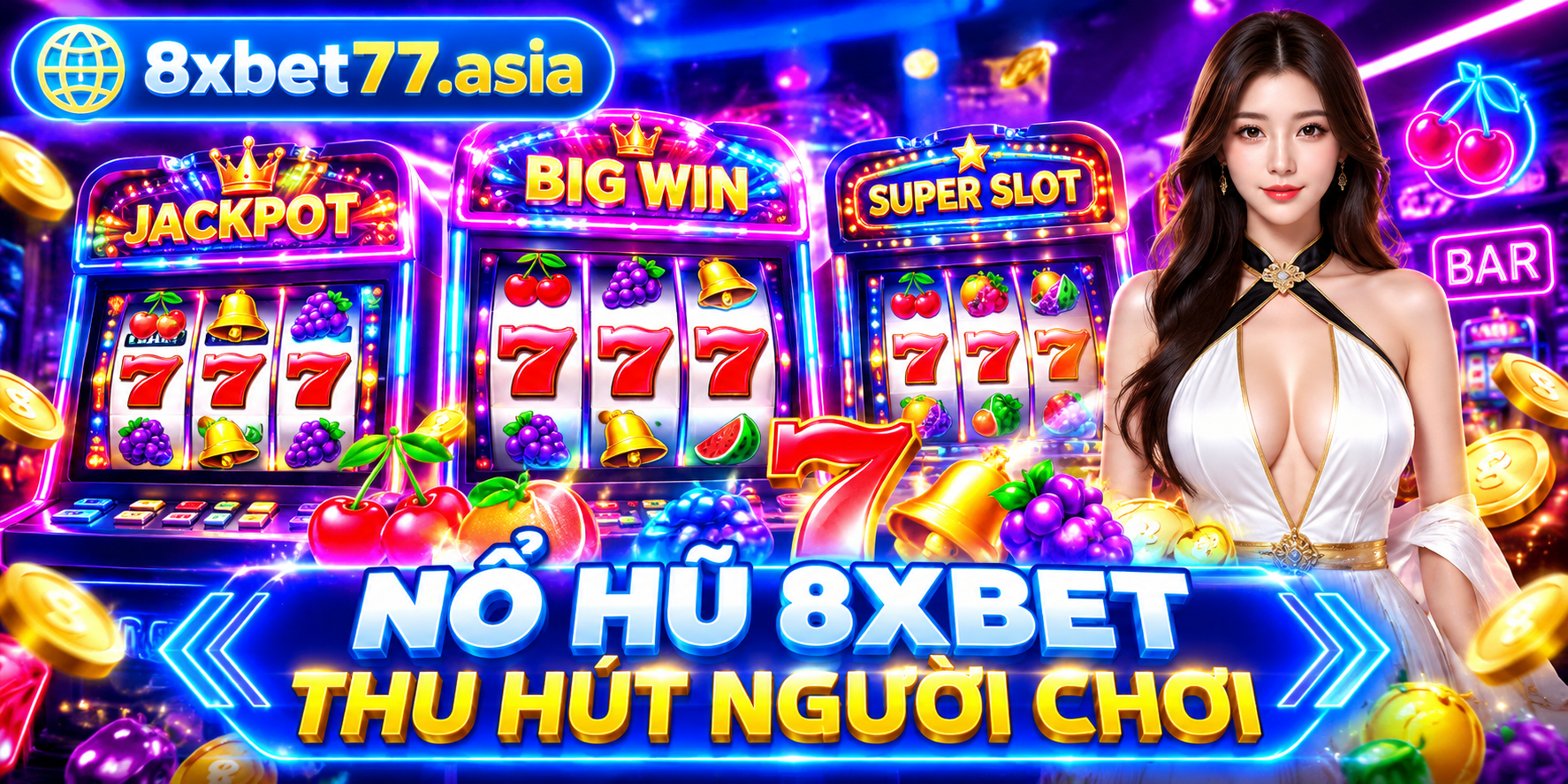 Dãy máy slot nổ hũ 8xbet phát sáng đèn neon với biểu tượng trái cây và số 7
