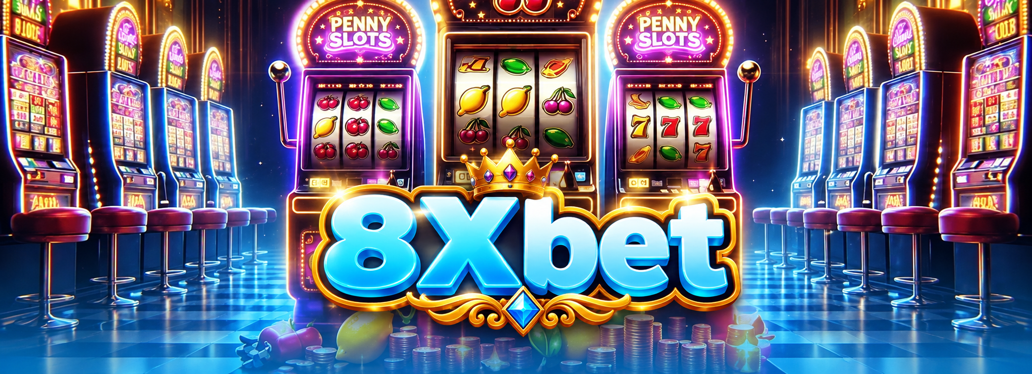 Dãy ba máy slot PENNY SLOTS với cuộn hình cherry, chanh, số 7, ghế đỏ và đèn chùm, minh họa chung cho nữ hoàng tiền thưởng