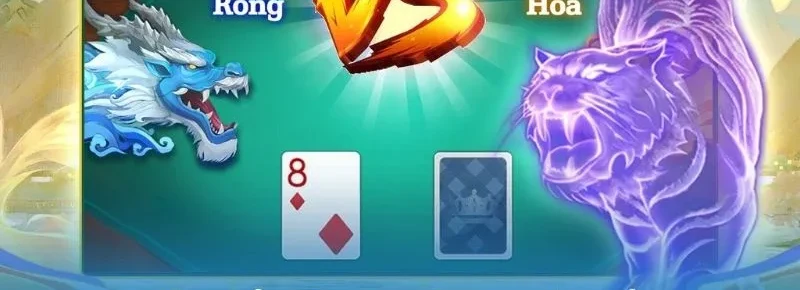 Minh họa luật rồng hổ online với rồng xanh trắng bên trái, hổ tím bên phải, lá 8 rô ngửa đối diện một lá úp