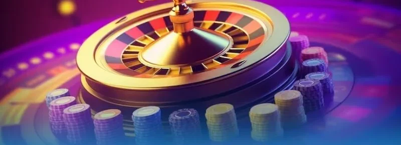 Vòng quay roulette online màu vàng với các ô số đỏ đen, xung quanh là các chồng chip tím, xanh, vàng