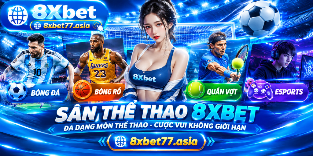 Hình minh họa sảnh thể thao 8xbet với khung thành, quả bóng và bốn nhóm môn: bóng đá, bóng rổ, quần vợt, esports