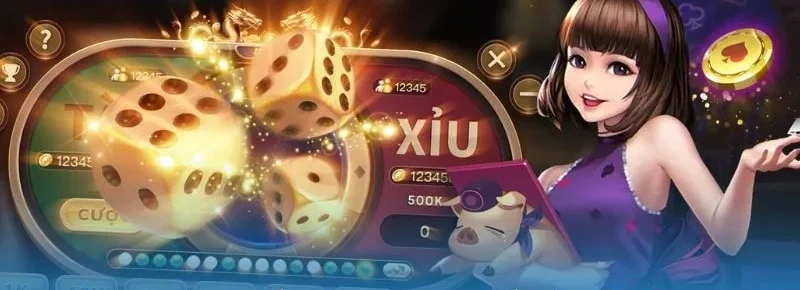 Ba viên xúc xắc phát sáng bay trên bàn tài xỉu online, bên cạnh là nhân vật hoạt hình nữ và một đồng xu vàng