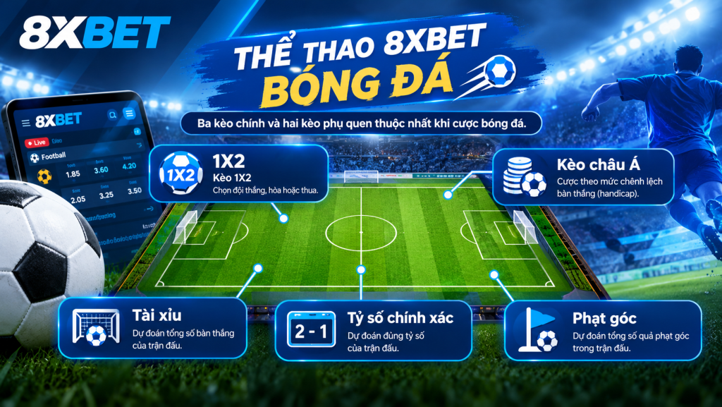 Sơ đồ sân bóng minh họa các loại kèo thể thao 8xbet: 1X2, kèo châu Á, tài xỉu, tỷ số chính xác, phạt góc