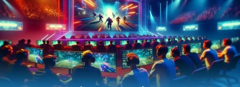 Minh họa đấu trường thể thao điện tử với nhiều hàng game thủ đeo tai nghe và màn hình lớn chiếu game bắn súng