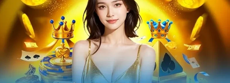 Người phụ nữ áo satin vàng giữa vương miện vàng, chip, lá bài và đồng xu, minh họa cách nhận thưởng nạp đầu