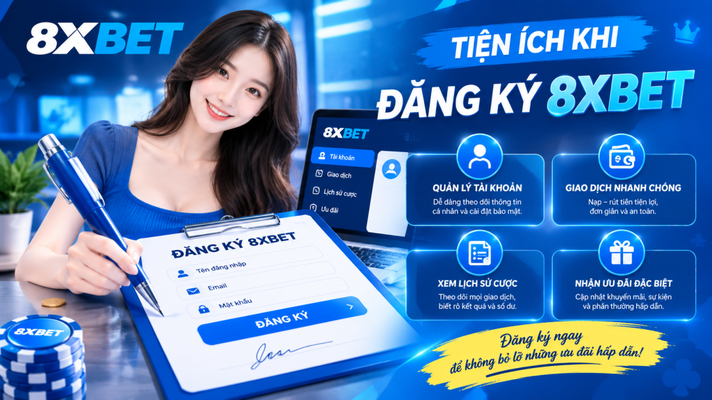 Minh họa người phụ nữ cầm cây bút lớn ký lên biểu mẫu kẹp giấy, gợi ý lợi ích khi đăng ký 8xbet