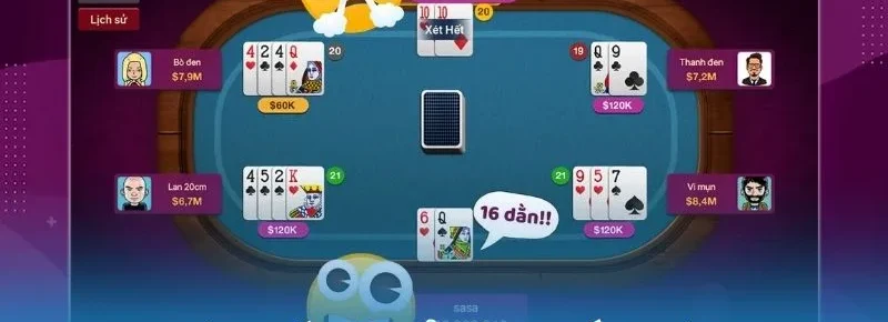 Bàn xì dách online tiếng Việt với nhà cái ở trên, nút Xét Hết, các tay bài 19, 20, 21 và bong bóng chữ 16 dằn