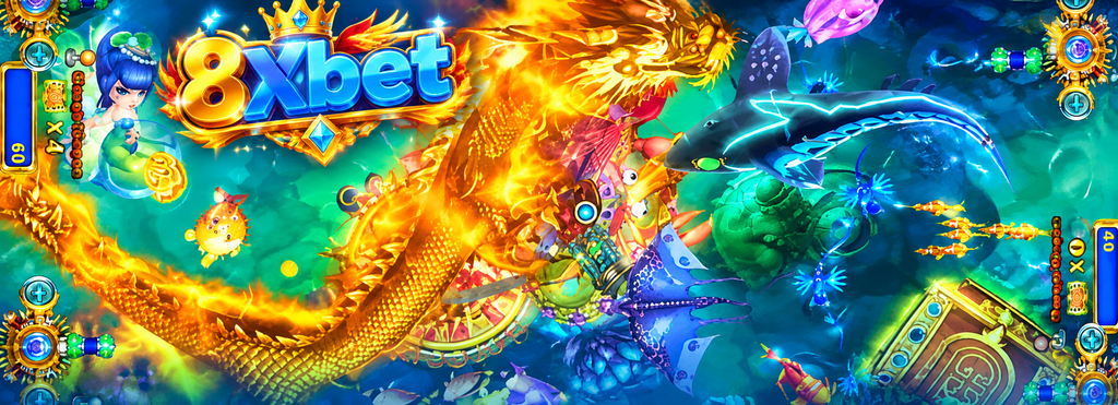 Màn hình game bắn cá với boss rồng vàng rực lửa, cá mập voi và các ụ súng ở mép, minh họa Chúa Rồng Thả Cá
