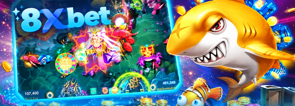 Ảnh chụp game bắn cá có boss nữ thần biển vàng, tôm hùm đỏ và bong bóng vòng quay, bên cạnh linh vật cá mập vàng