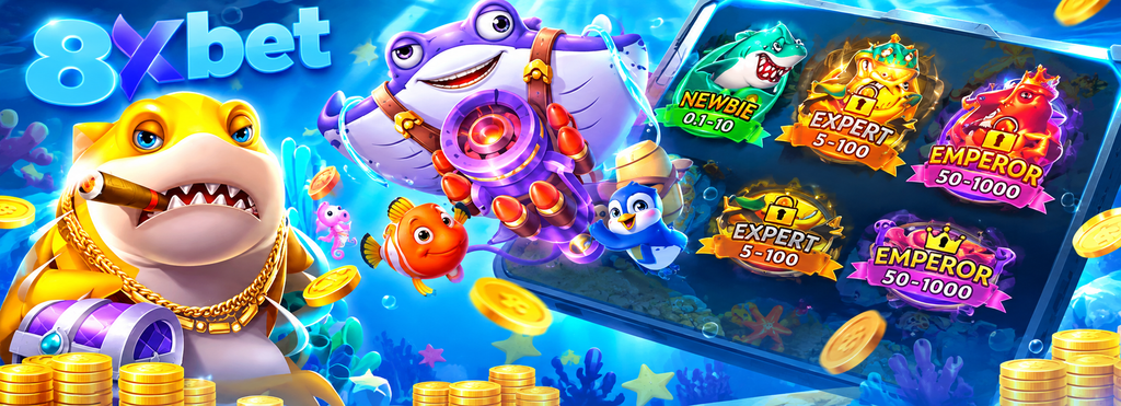 Màn hình chọn phòng NEWBIE, EXPERT, EMPEROR của một game bắn cá, minh họa đánh cá vui vẻ, có cá mập vàng và cá đuối tím